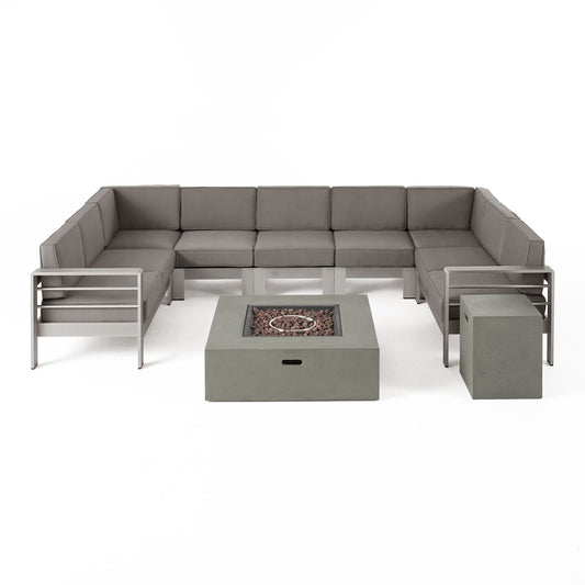 Denise Outdoor 9 Seater Aluminum U-Shaped Sofa Sectional and Fire Pit Set