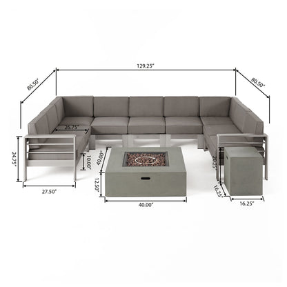 Denise Outdoor 9 Seater Aluminum U-Shaped Sofa Sectional and Fire Pit Set