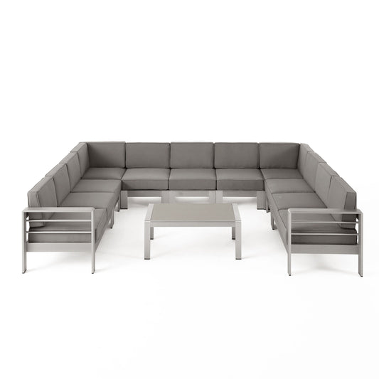 Enid Outdoor 11 Seater Aluminum U-Shaped Sofa Sectional and Table Set