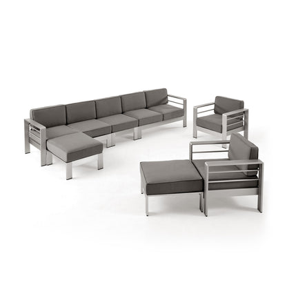 Danae Outdoor Modern 7 Seater Aluminum Chat Set with Ottomans, Silver and Khaki