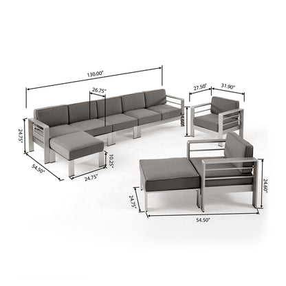 Danae Outdoor Modern 7 Seater Aluminum Chat Set with Ottomans, Silver and Khaki