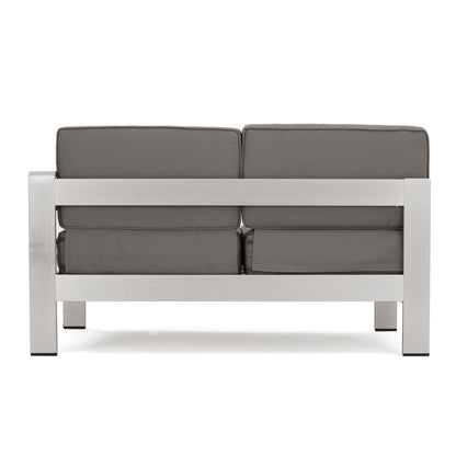 Danae Outdoor Modern 7 Seater Aluminum Chat Set with Ottomans, Silver and Khaki