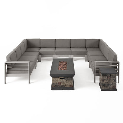 Pag Outdoor 11 Seater Aluminum U-Shaped Sofa Sectional and Fire Pit Set