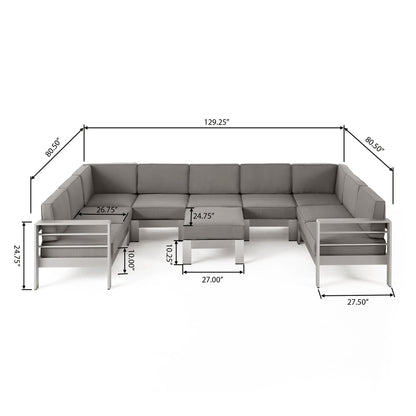 Laura Outdoor Modern 9 Seater Aluminum U-Shaped Sofa Sectional Set with Ottoman, Silver and Khaki