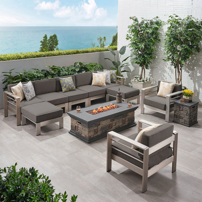 Danae Coral Outdoor 7 Seater Extended Aluminum Chat Set with Fire Pit