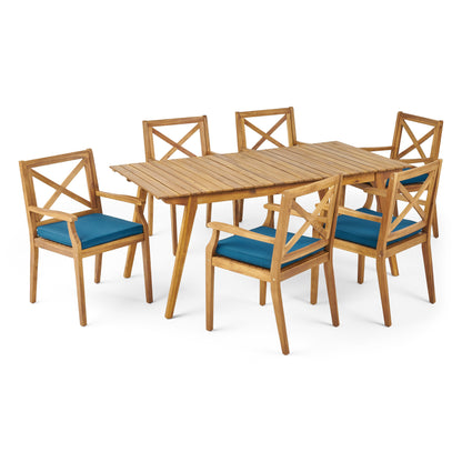 Brinkley Outdoor 7-Piece Acacia Wood Dining Set with Cushions
