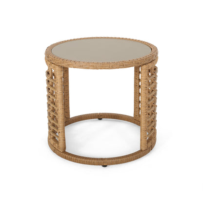 Evvy Outdoor Modern Boho Wicker Side Table with Tempered Glass Top