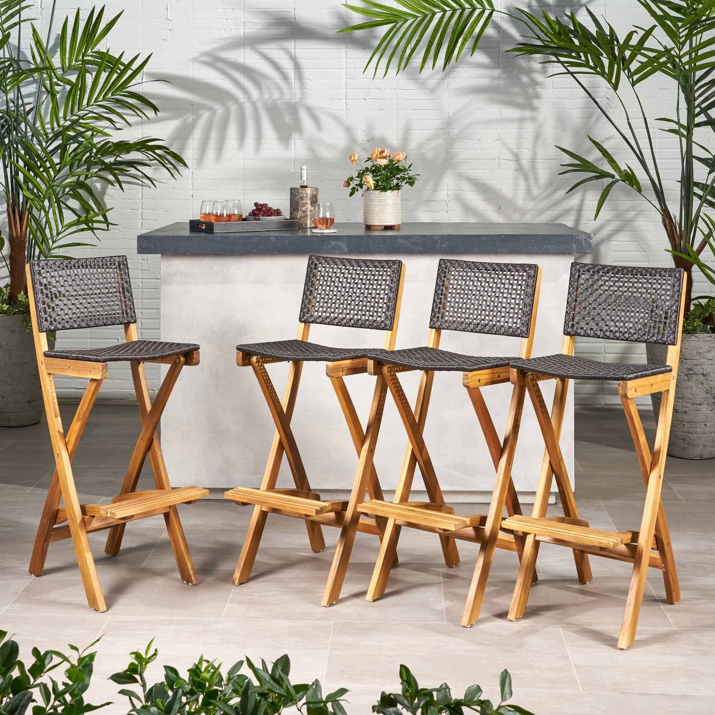 Elizabeth Outdoor Folding Acacia Wood Barstools (Set of 4)