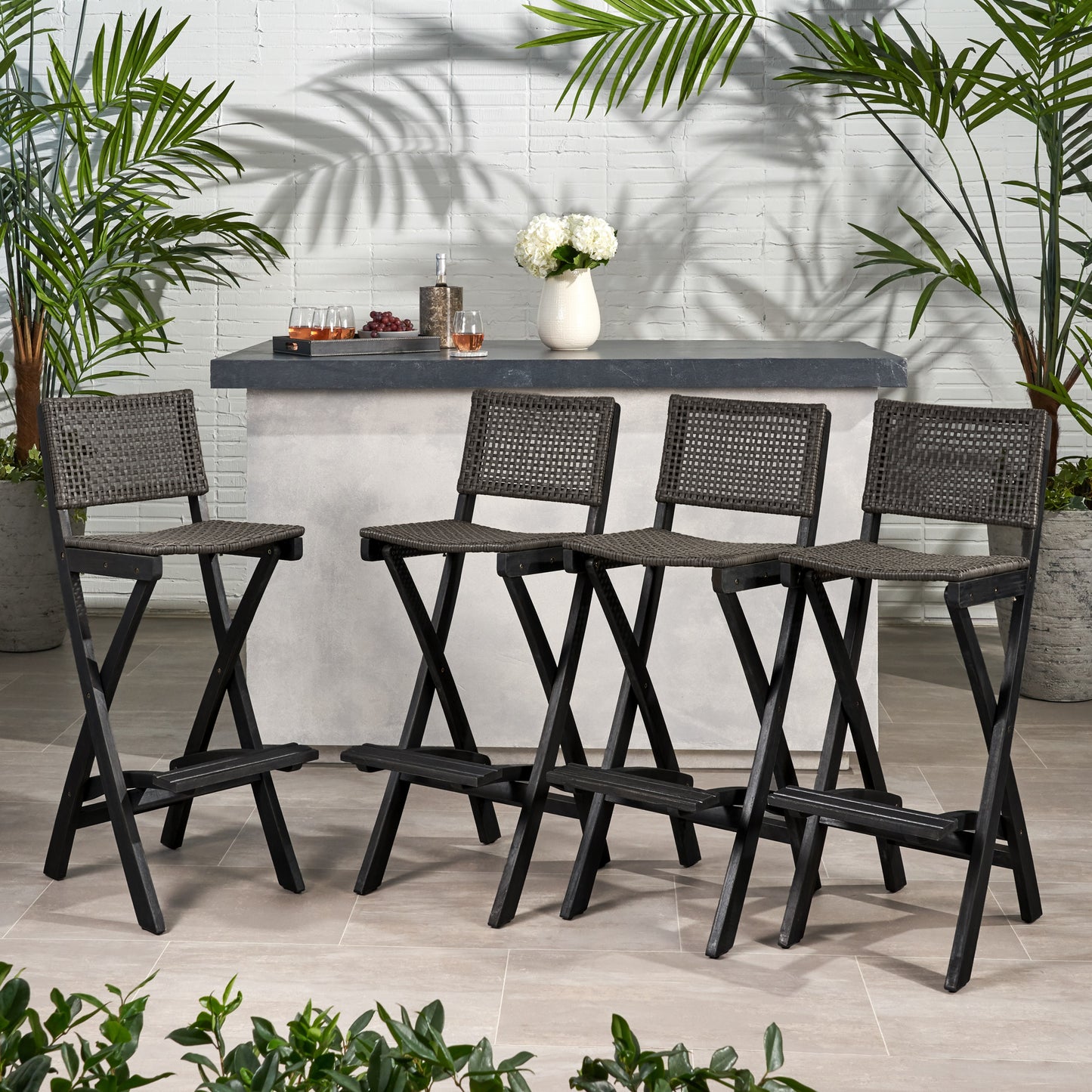 Elizabeth Outdoor Folding Acacia Wood Barstools (Set of 4)