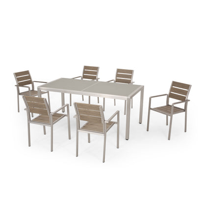 Cherie Outdoor Modern 6 Seater Aluminum Dining Set with Tempered Glass Table Top