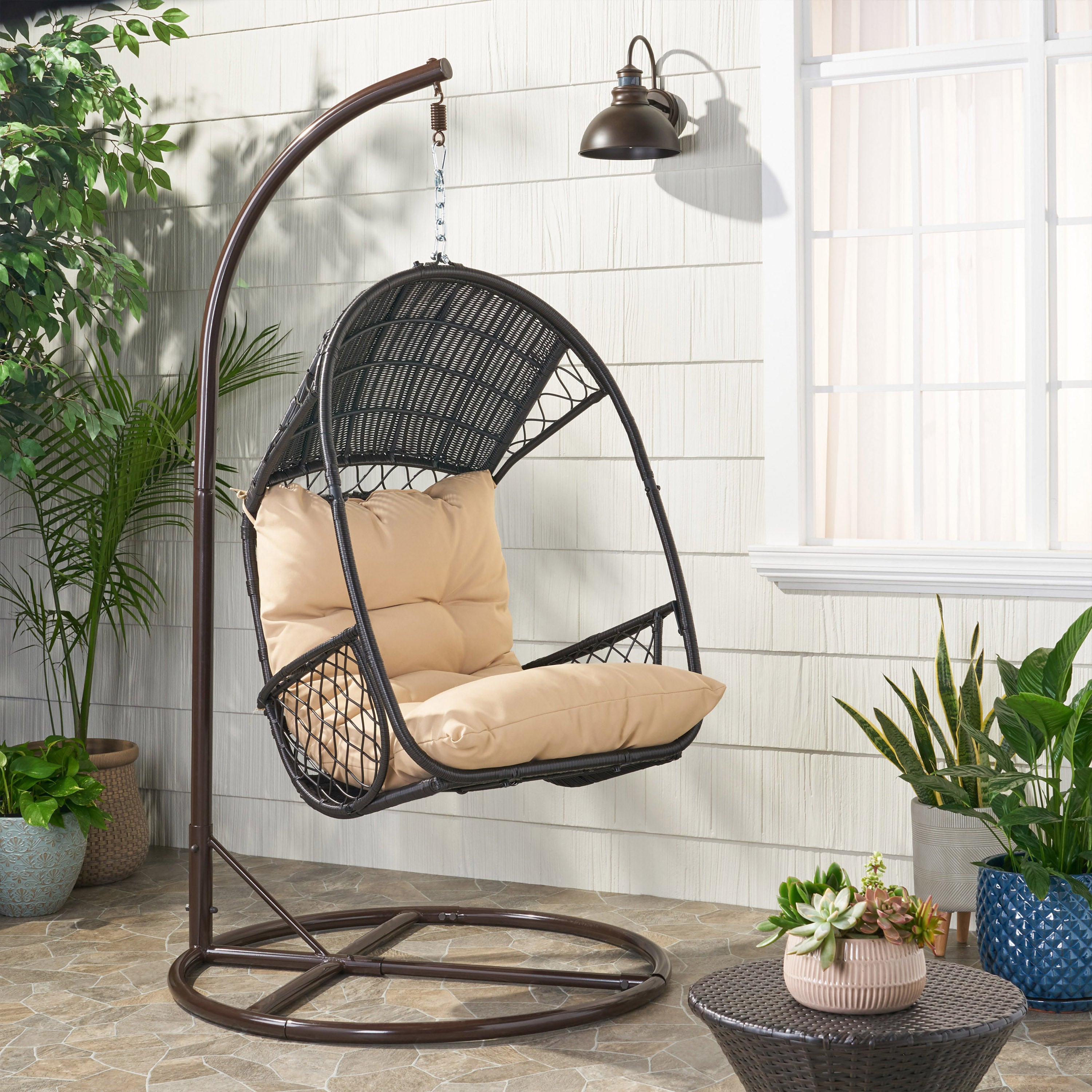 Primo Outdoor Wicker Hanging Basket Egg Chair with Stand GDFStudio