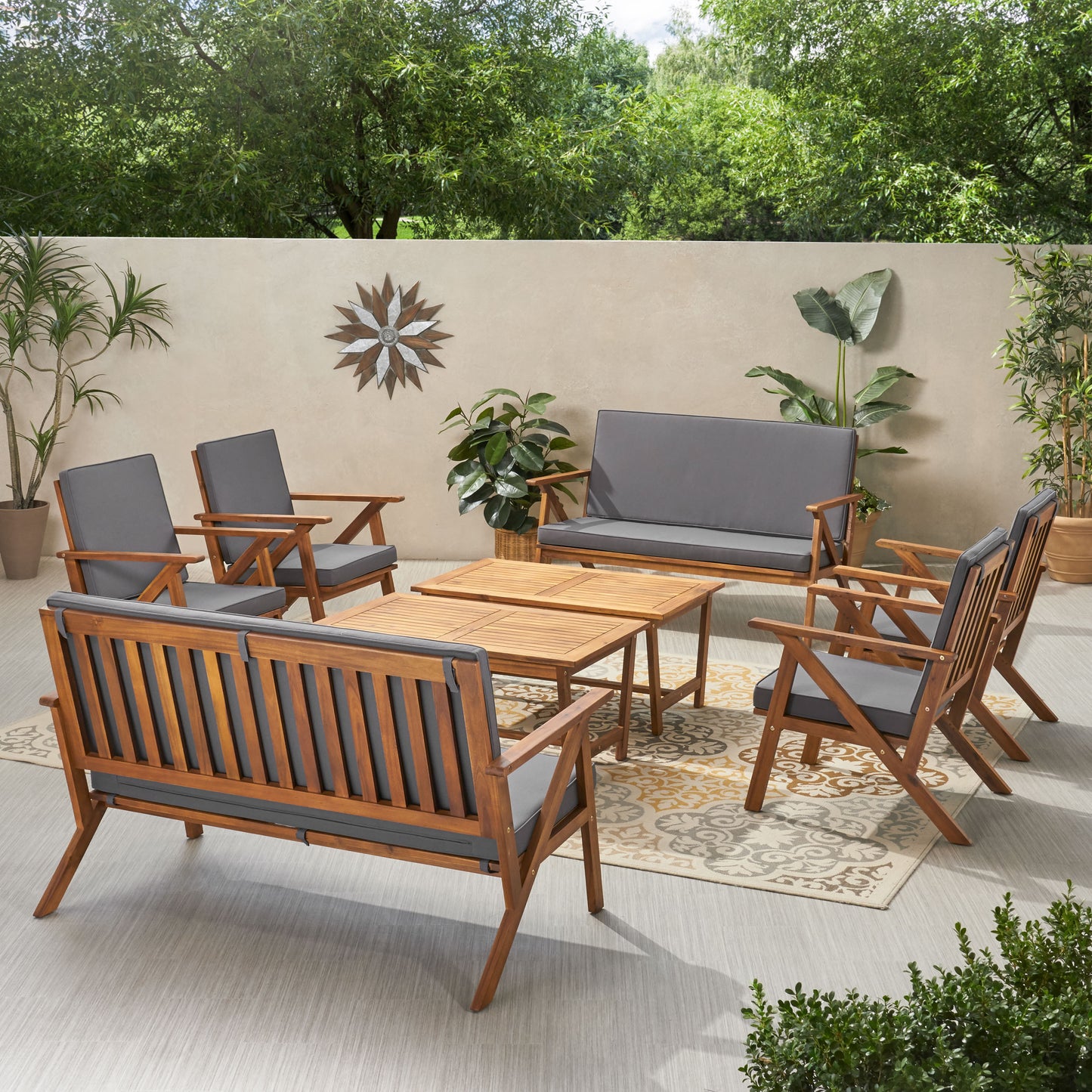 Manarola Outdoor 8 Seater Acacia Wood Chat Set with Coffee Table