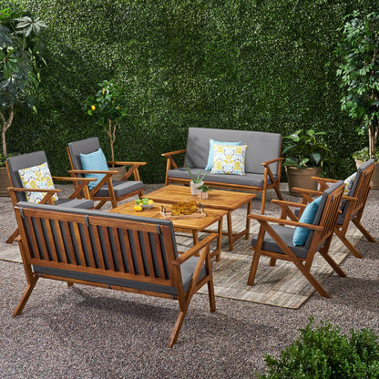 Manarola Outdoor 8 Seater Acacia Wood Chat Set with Coffee Table
