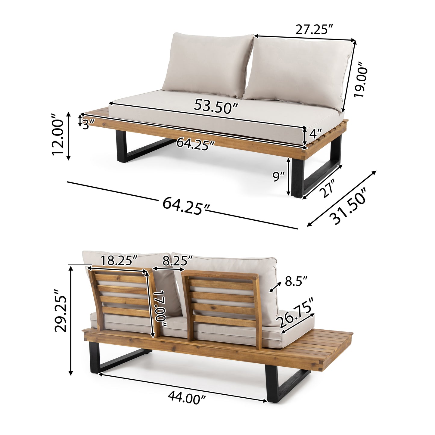 Sierra Outdoor Acacia Wood 5 Seater Sofa Sectional with Water-Resistant Cushions