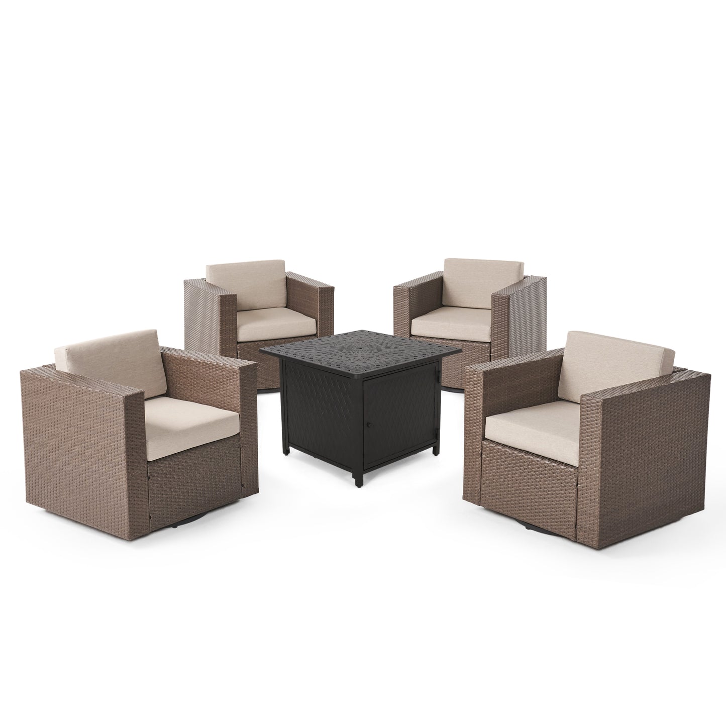 Calella Outdoor 4 Seater Wicker Swivel Chair and Fire Pit Set