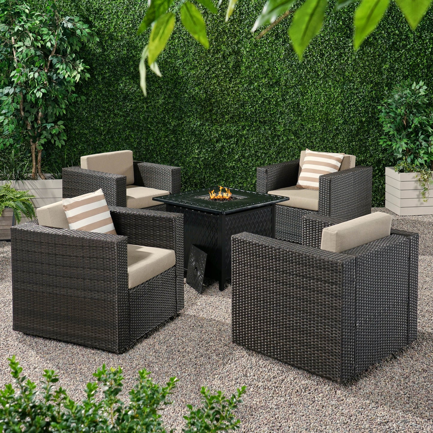 Calella Outdoor 4 Seater Wicker Swivel Chair and Fire Pit Set