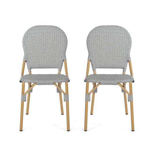 Gallia Outdoor Aluminum French Bistro Chairs, Set of 2, Grey and Bamboo Finish