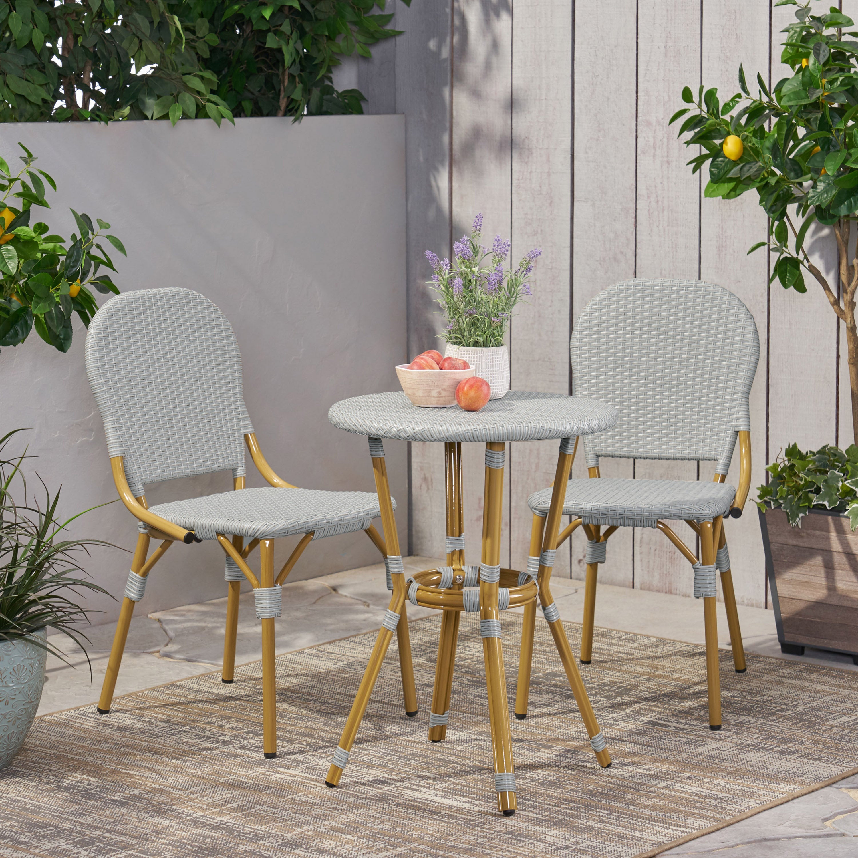 Gallia Outdoor Aluminum French Bistro Set Gray and Bamboo Print