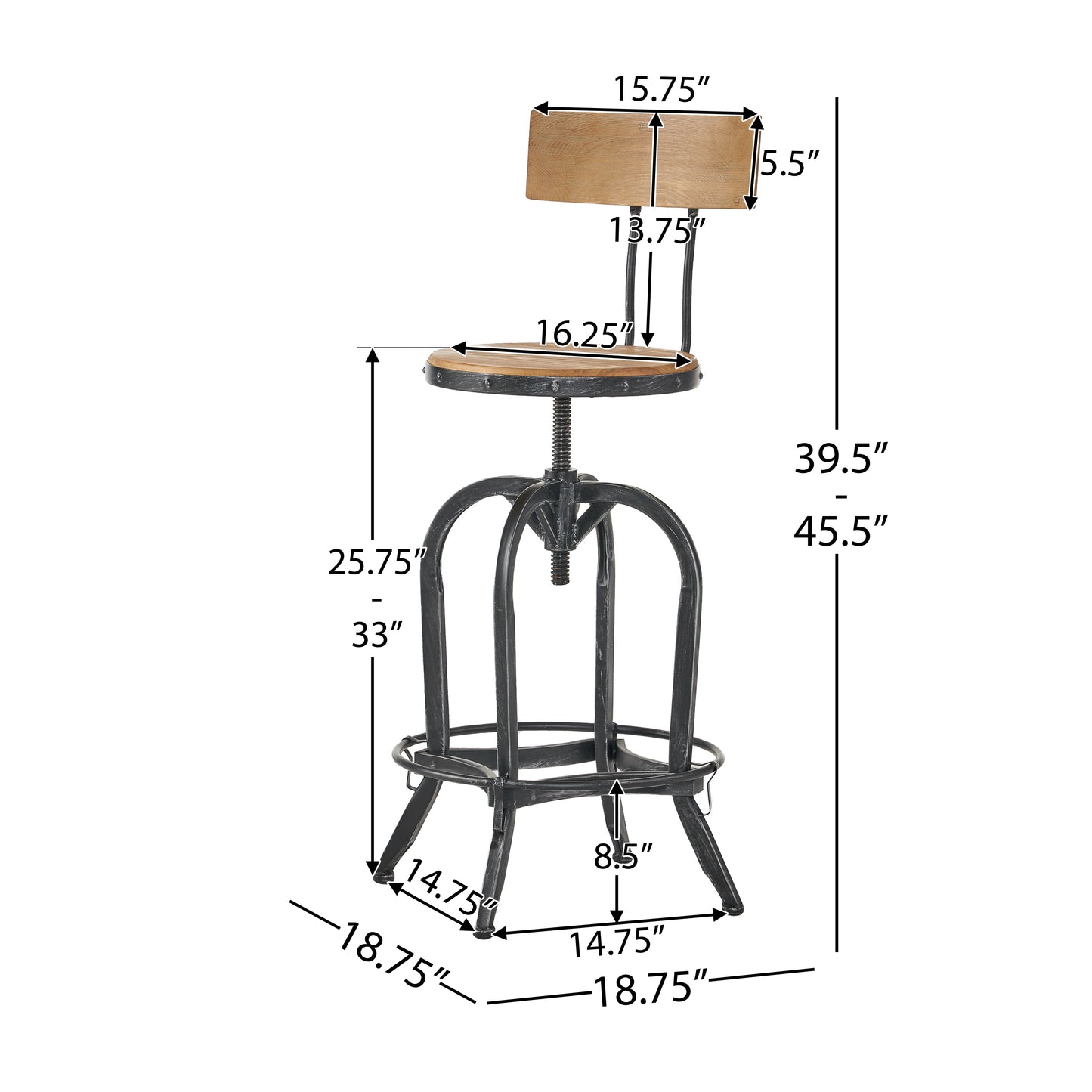 Pineview Modern Industrial Firwood Adjustable Height Swivel Barstools, Set of 2, Natural and Black Brushed Silver