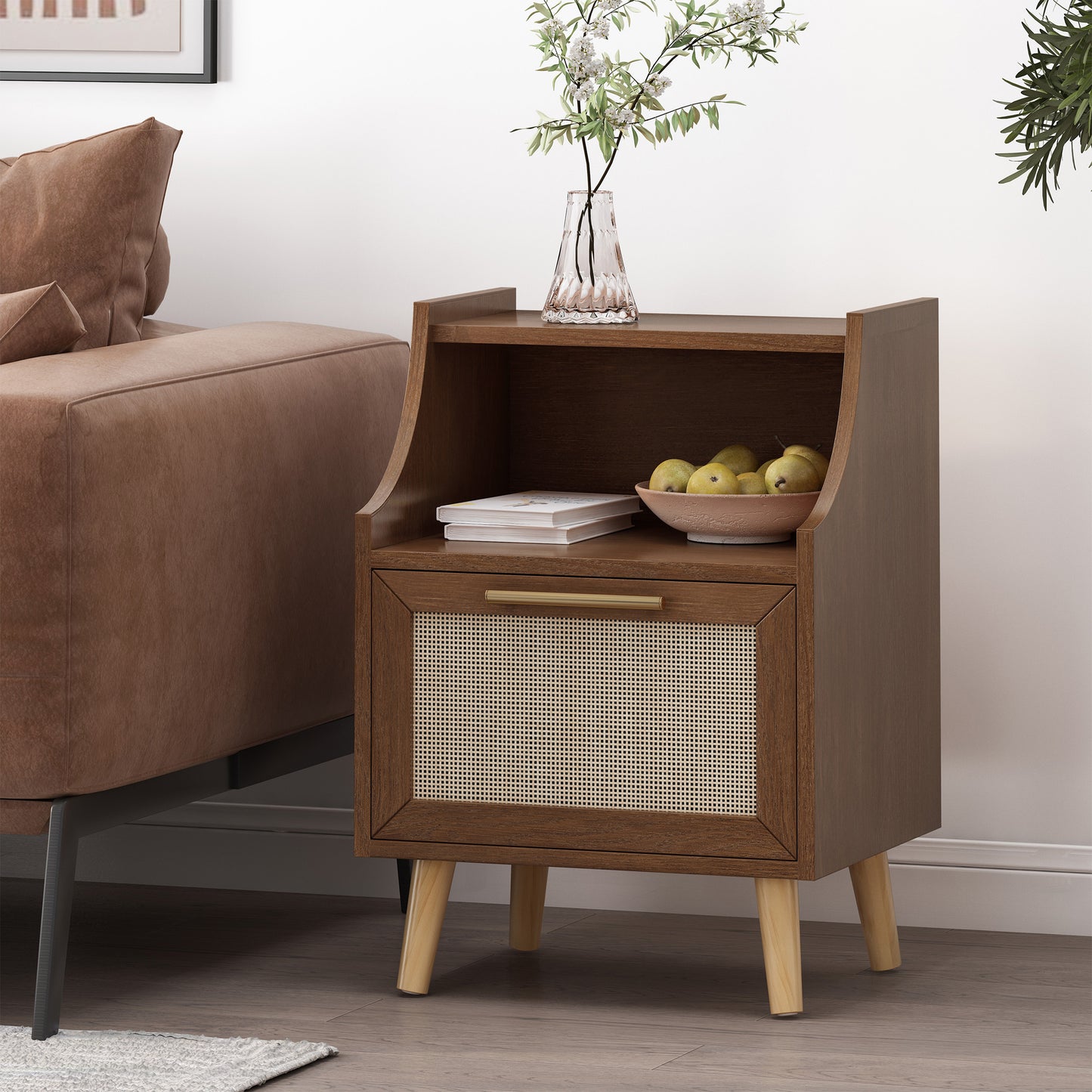 Hulett Contemporary End Table with Hutch, Walnut, Natural, and Antique Gold