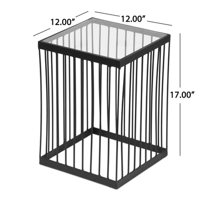 Plevna Contemporary Handcrafted Cage Side Table with Glass Top, Black and Clear