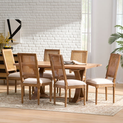 Brownell French Country Fabric Upholstered Wood and Cane 7 Piece Expandable Dining Set