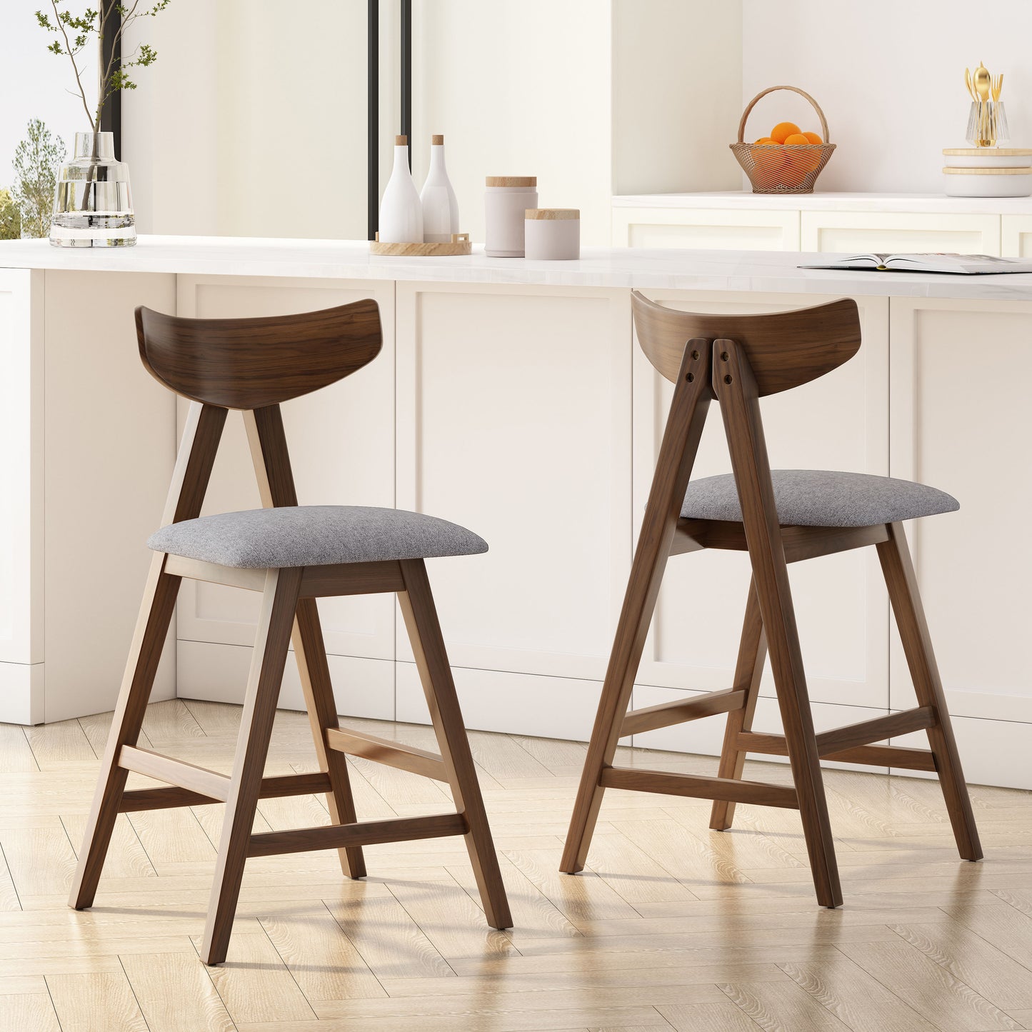 Sunapee Mid Century Modern Fabric Upholstered Wood 25 Inch Counter Stools (Set of 2)