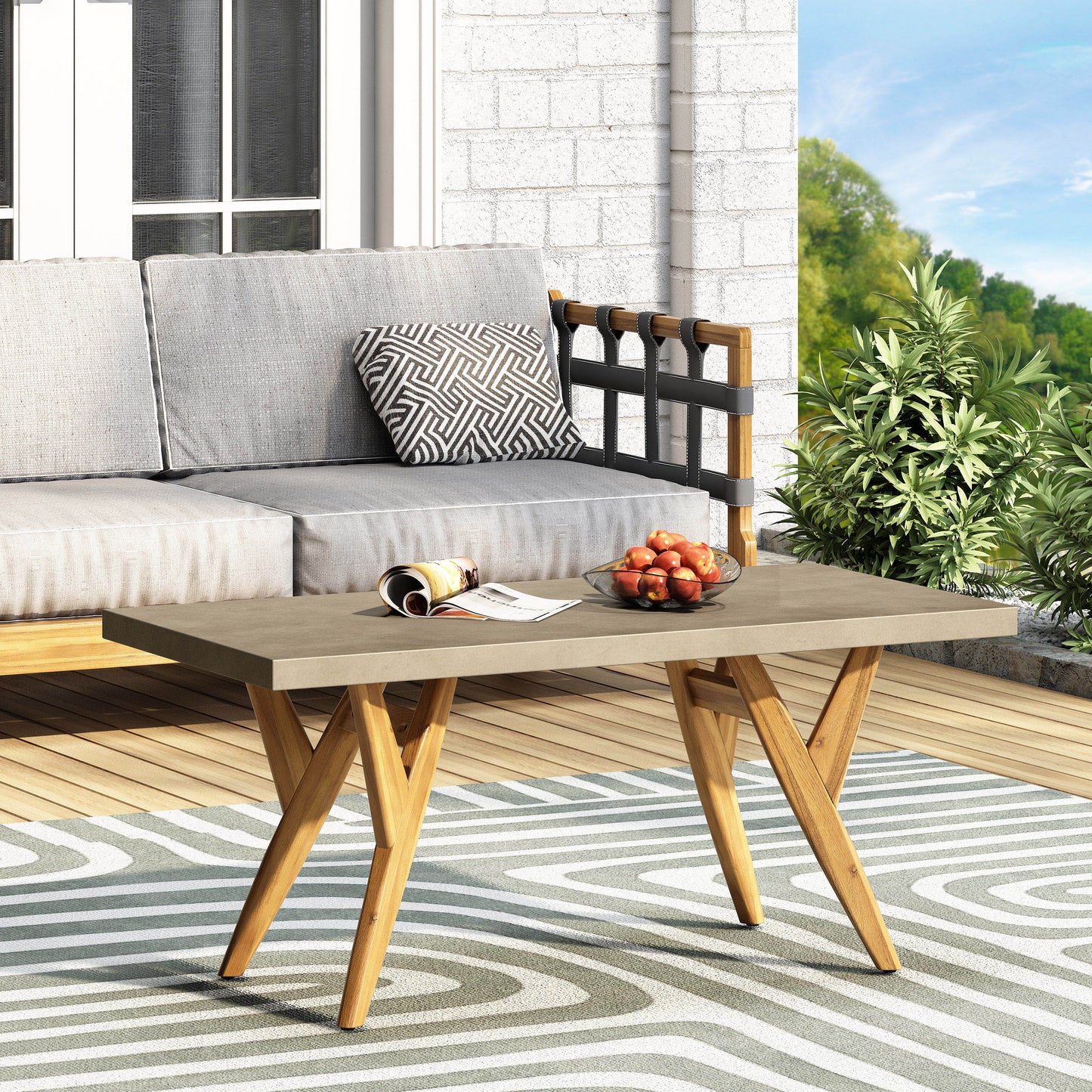 Loverin Outdoor Acacia Wood and Cast Stone Coffee Table, Teak and Light Gray