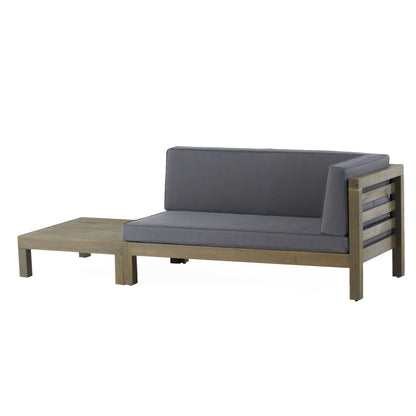 Cascada Outdoor Acacia Wood Right Arm Loveseat and Coffee Table Set with Cushion