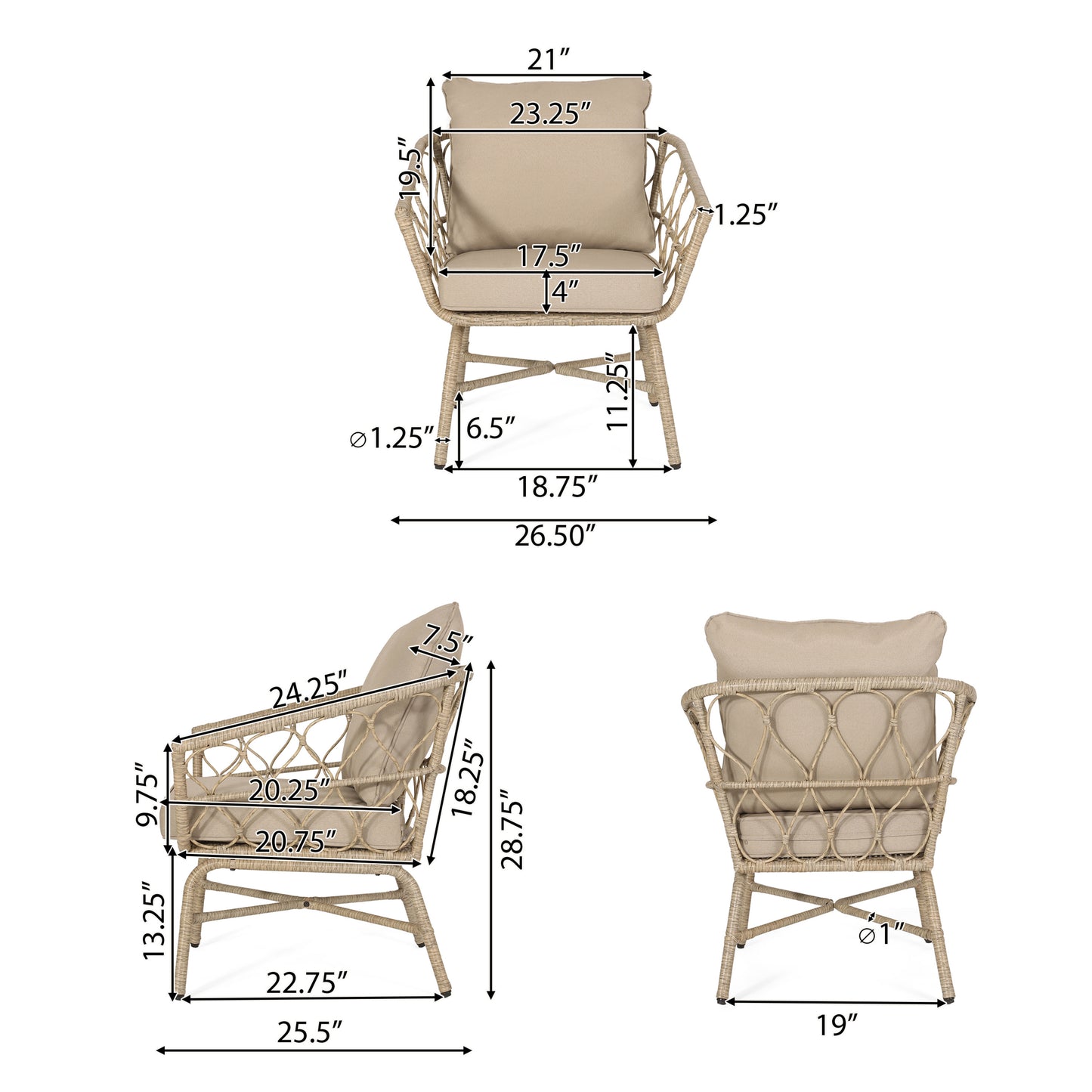 Colmar Outdoor Wicker Club Chairs with Cushions, Set of 2, Light Brown and Beige