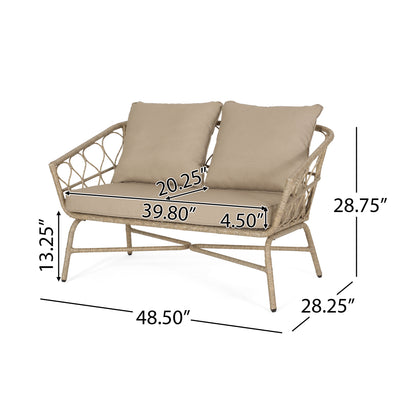 Colmar Outdoor Wicker Loveseat and Coffee Table Set, Light Brown and Beige
