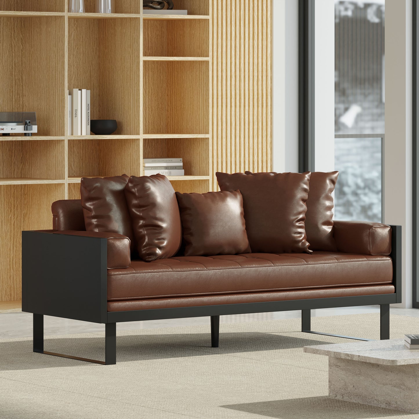 Manbow Contemporary Faux Leather Upholstered Oversized Loveseat with Accent Pillows