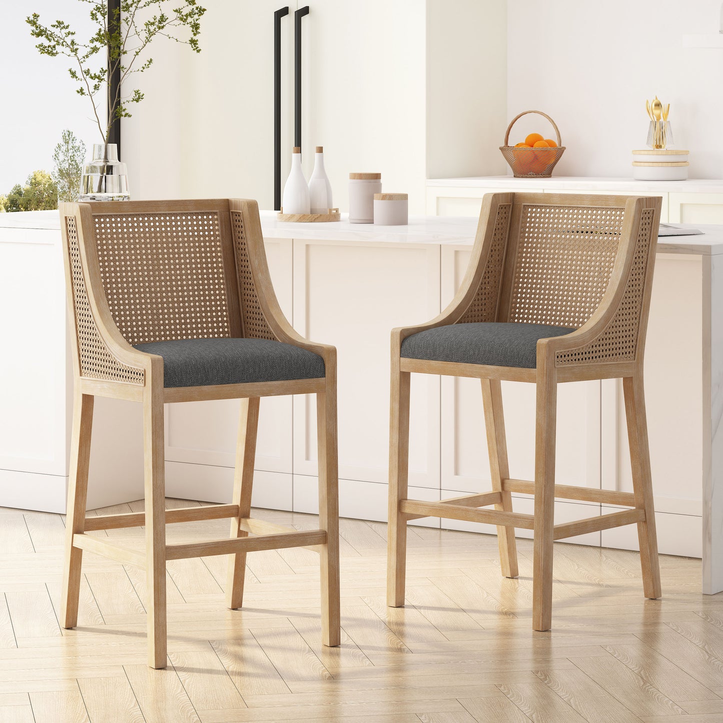 Oneida Rustic Fabric Upholstered Wood and Cane 30 inch Barstools (Set of 2)