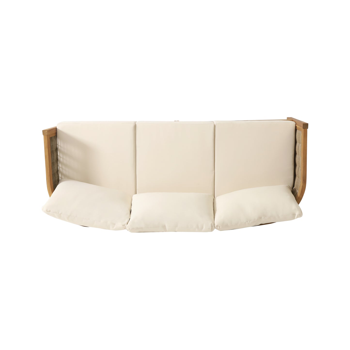 The Crowne Collection Outdoor Acacia Wood and Round Wicker 3 Seater Sofa with Cushions, Teak, Mixed Brown, and Beige