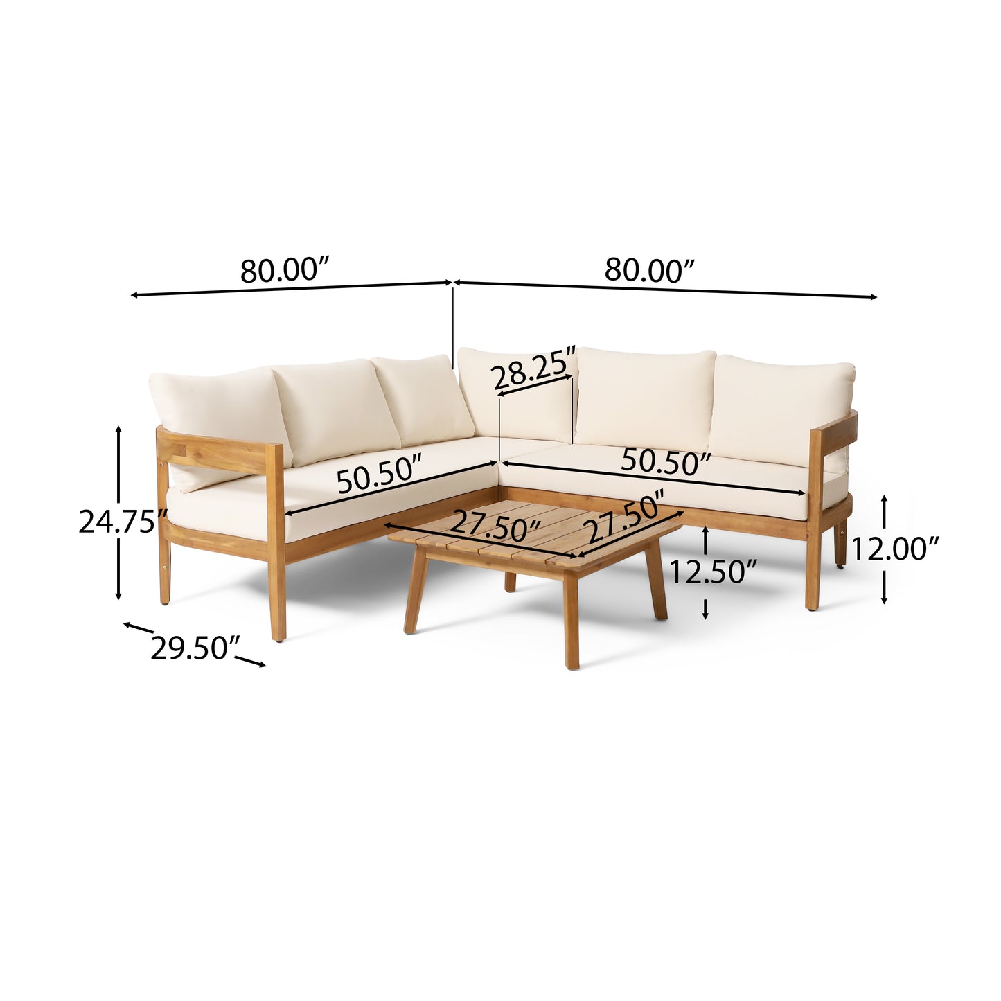 Brooklyn Outdoor Acacia Wood 5 Seater Sectional Sofa Chat Set with Cushions, Teak and Beige