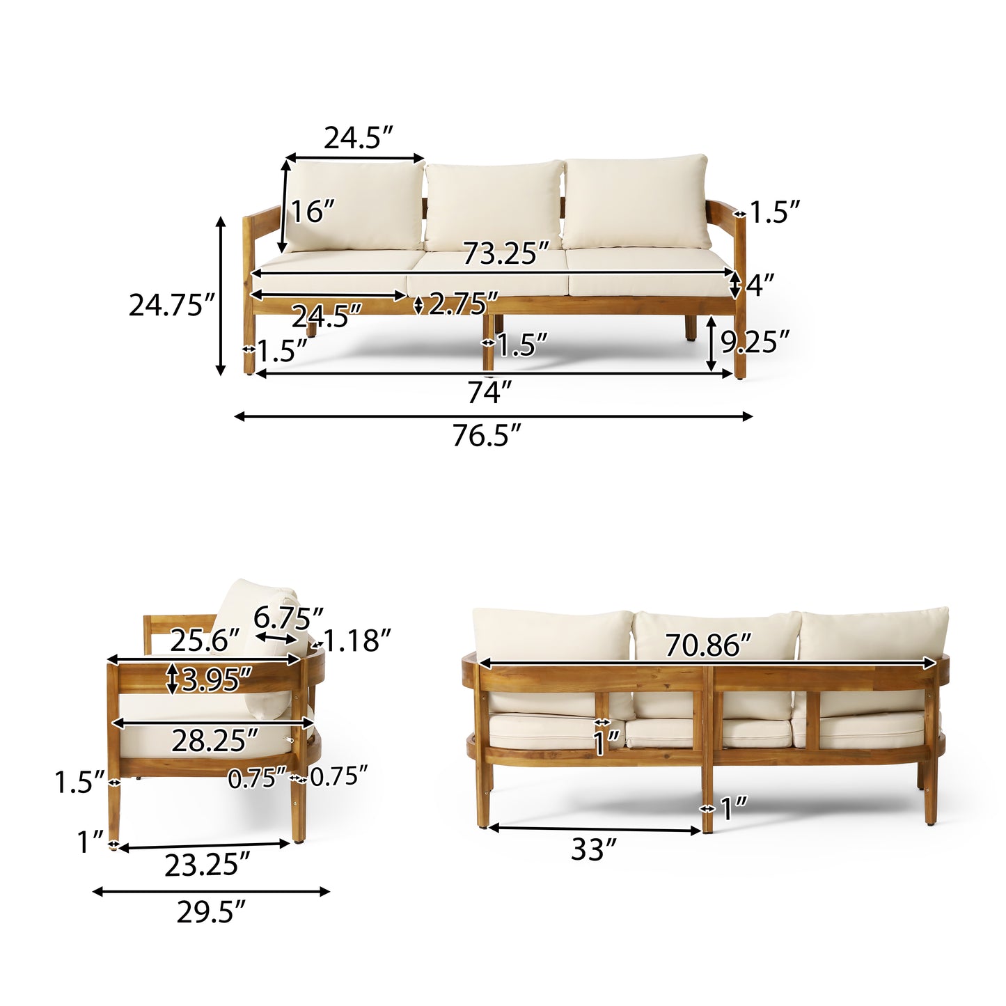 Brooklyn Outdoor Acacia Wood 3 Seater Sofa Chat Set with Ottoman, Teak and Beige