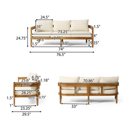 Brooklyn Outdoor Acacia Wood 3 Seater Sofa Chat Set with Ottoman, Teak and Beige