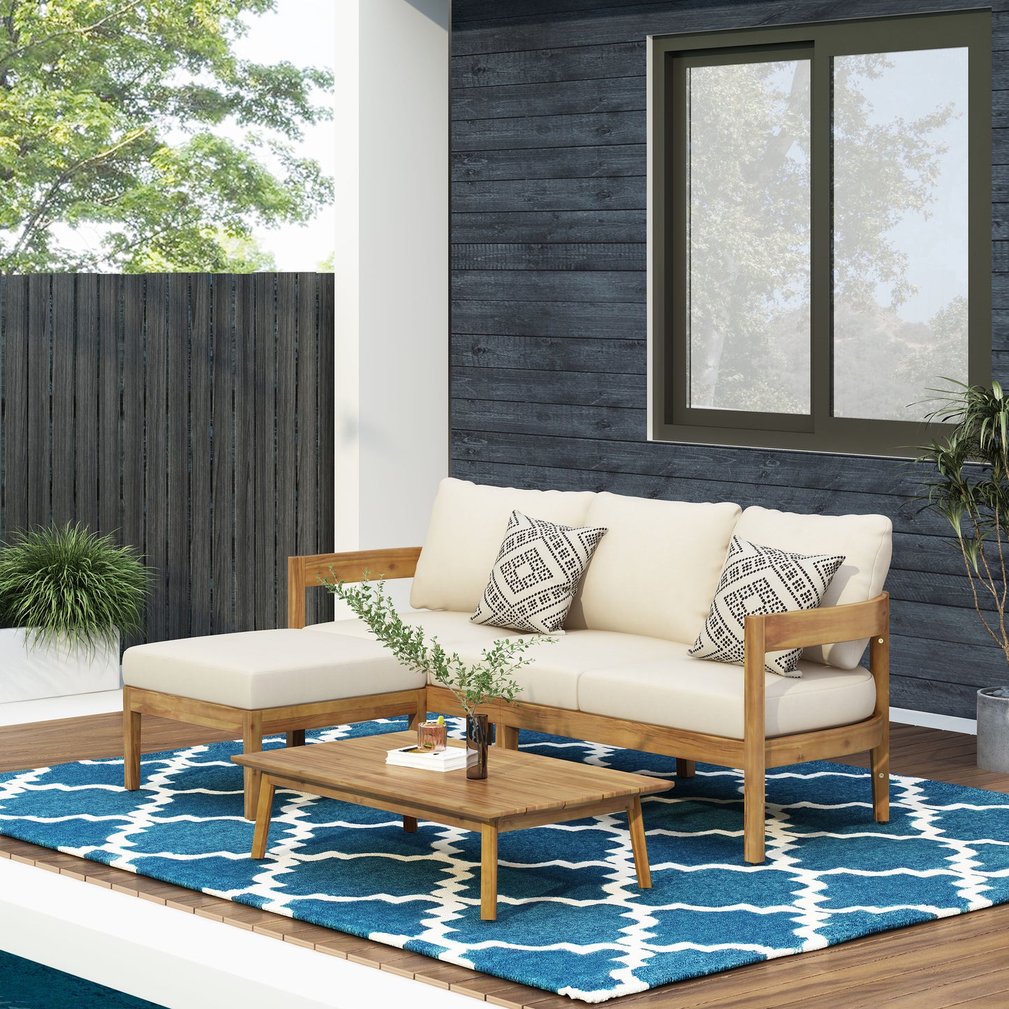 Brooklyn Outdoor Acacia Wood 3 Seater Sofa Chat Set with Ottoman, Teak and Beige