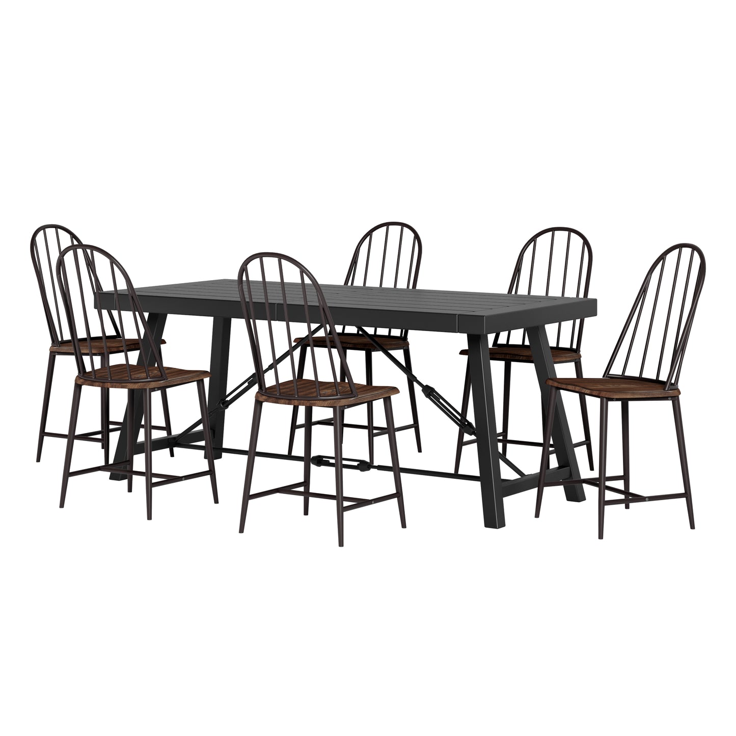 Southview Modern Industrial Iron and Wood 7 Piece Dining Table, Black and Dark Brown