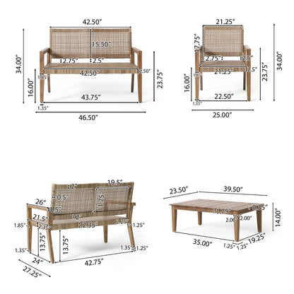 Elmcrest Outdoor Wicker and Acacia Wood 4 Seater Chat Set, Light Multibrown and Light Brown