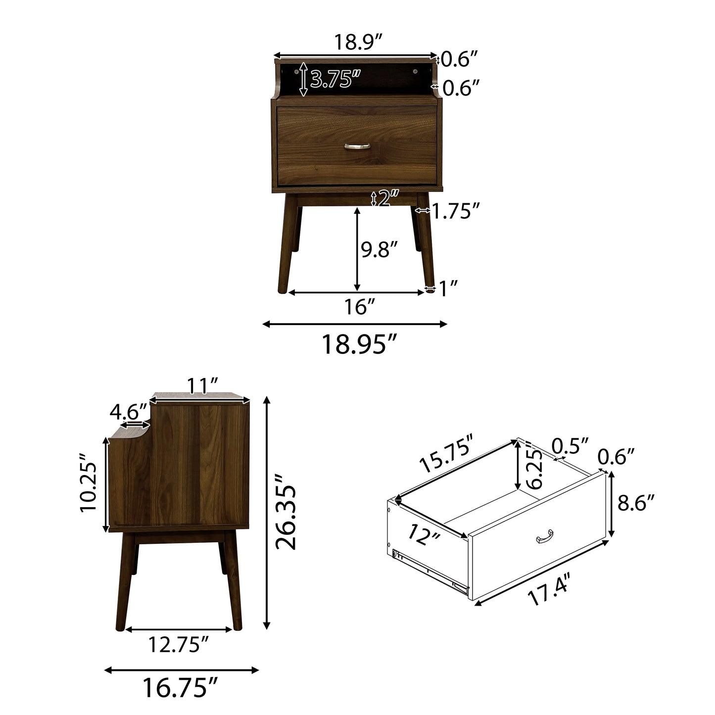 Wilbur Mid Century Wooden 3 Piece 3 Drawer Dresser and Nightstand Bedroom Set