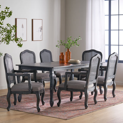 Bonview French Country Fabric Upholstered Wood and Cane Expandable 7 Piece Dining Set