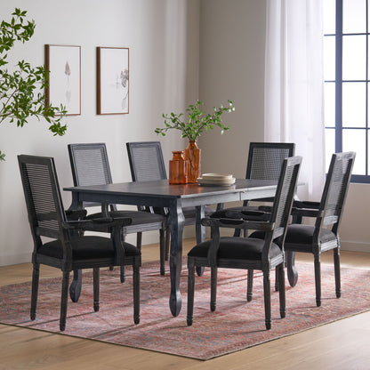 Regan French Country Fabric Upholstered Wood and Cane Expandable 7 Piece Dining Set