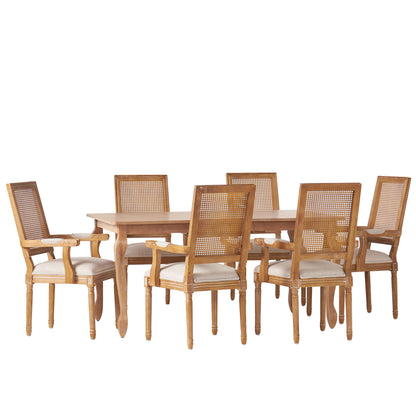 Regan French Country Fabric Upholstered Wood and Cane Expandable 7 Piece Dining Set