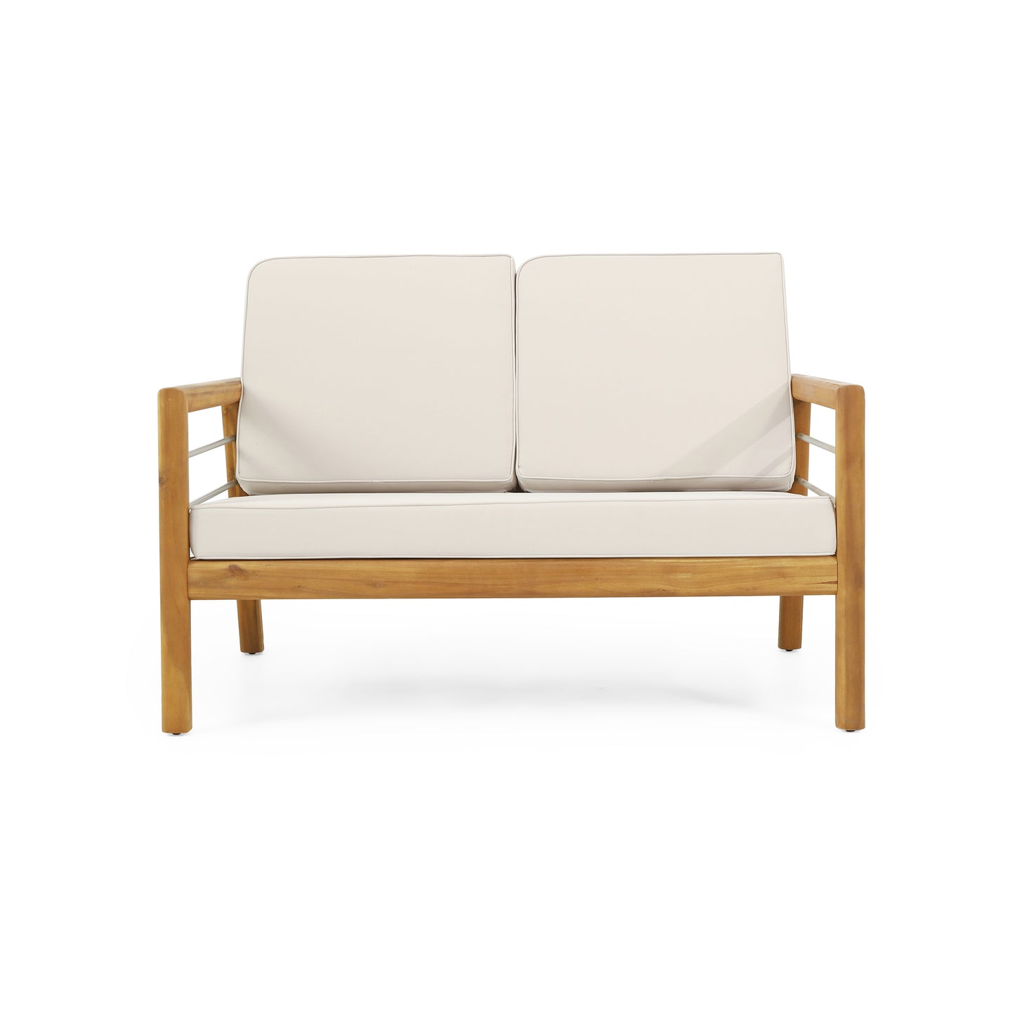 Lindsey Outdoor Acacia Wood Loveseat and Coffee Table Set with Cushions, Teak, Silver, and Beige