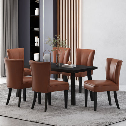 Eiden Modern Industrial Faux Leather and Acacia Wood 7 Piece Dining Set, Cognac Brown and Black