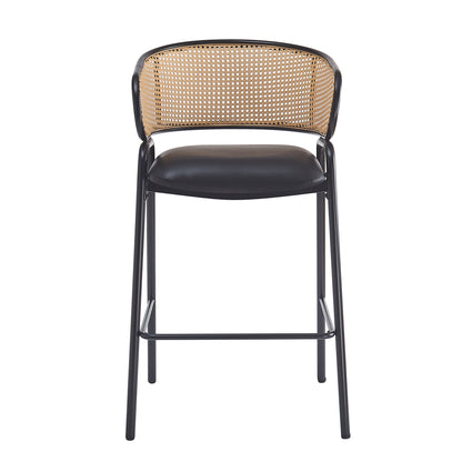 Eathan Indoor Metal PU Leather Barstool, Wowen Rattan Backrest, Set of 2