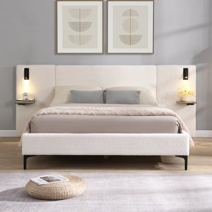 Callion Boucle Upholstered Bed with Integrated Lights and Shelves