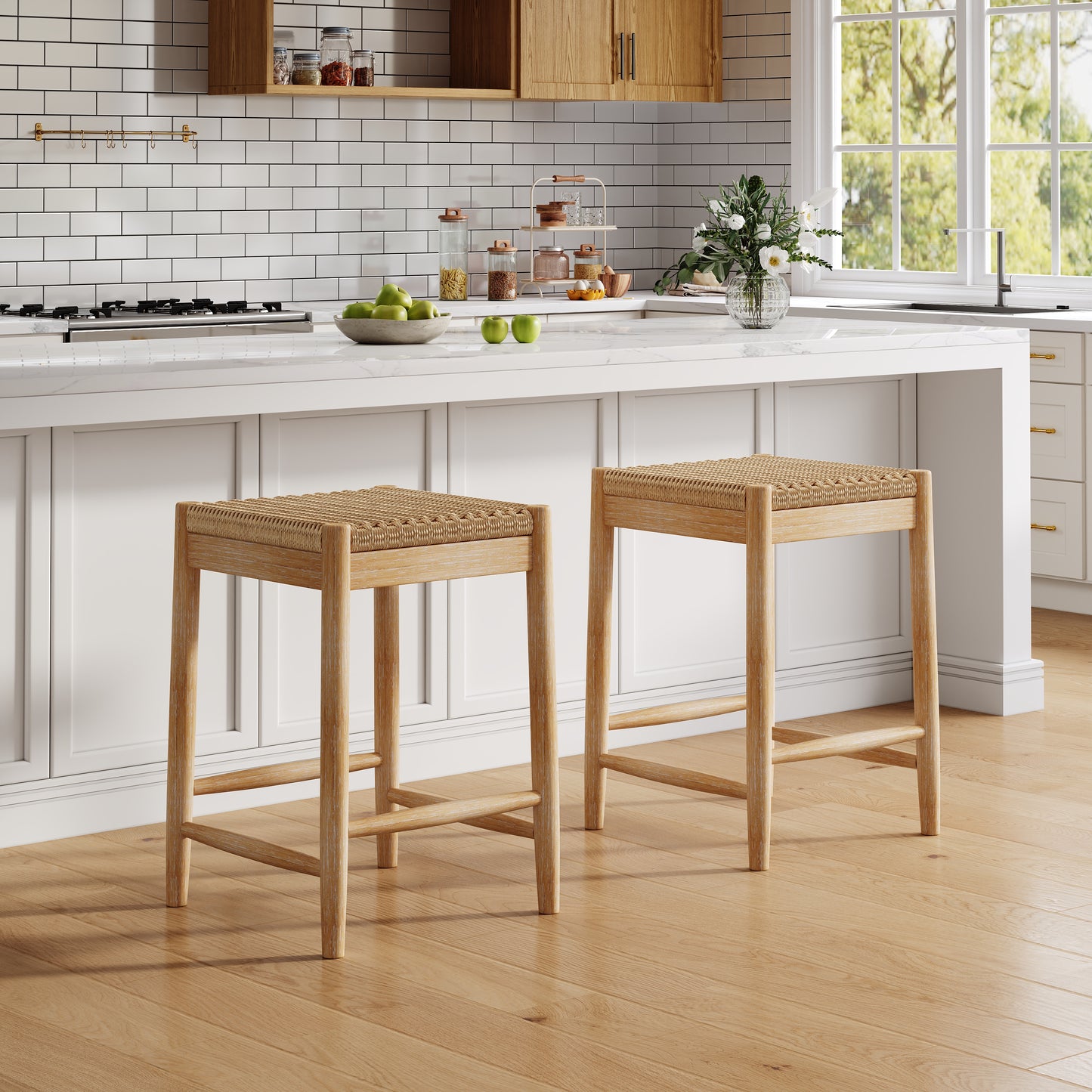 Alistair Solid Wood Stools,25.8" Tall Boho Backless Stool Chairs with Acacia Wood Legs, Max Load 220 Lbs