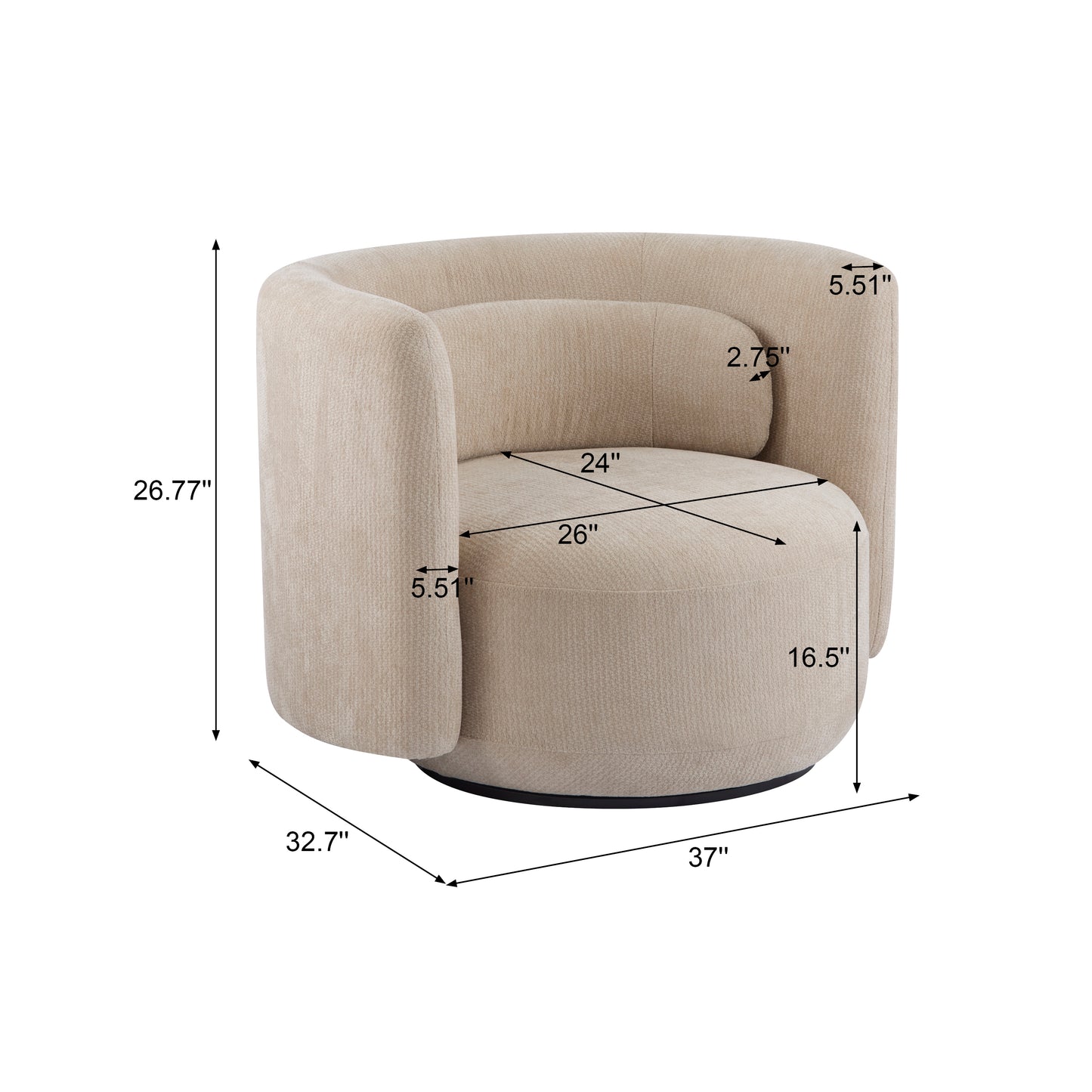 Rhys Swivel Accent Armchair, 360-Degree Rotating Lounge Chair with Sloping Armrests and Lumbar Pillow